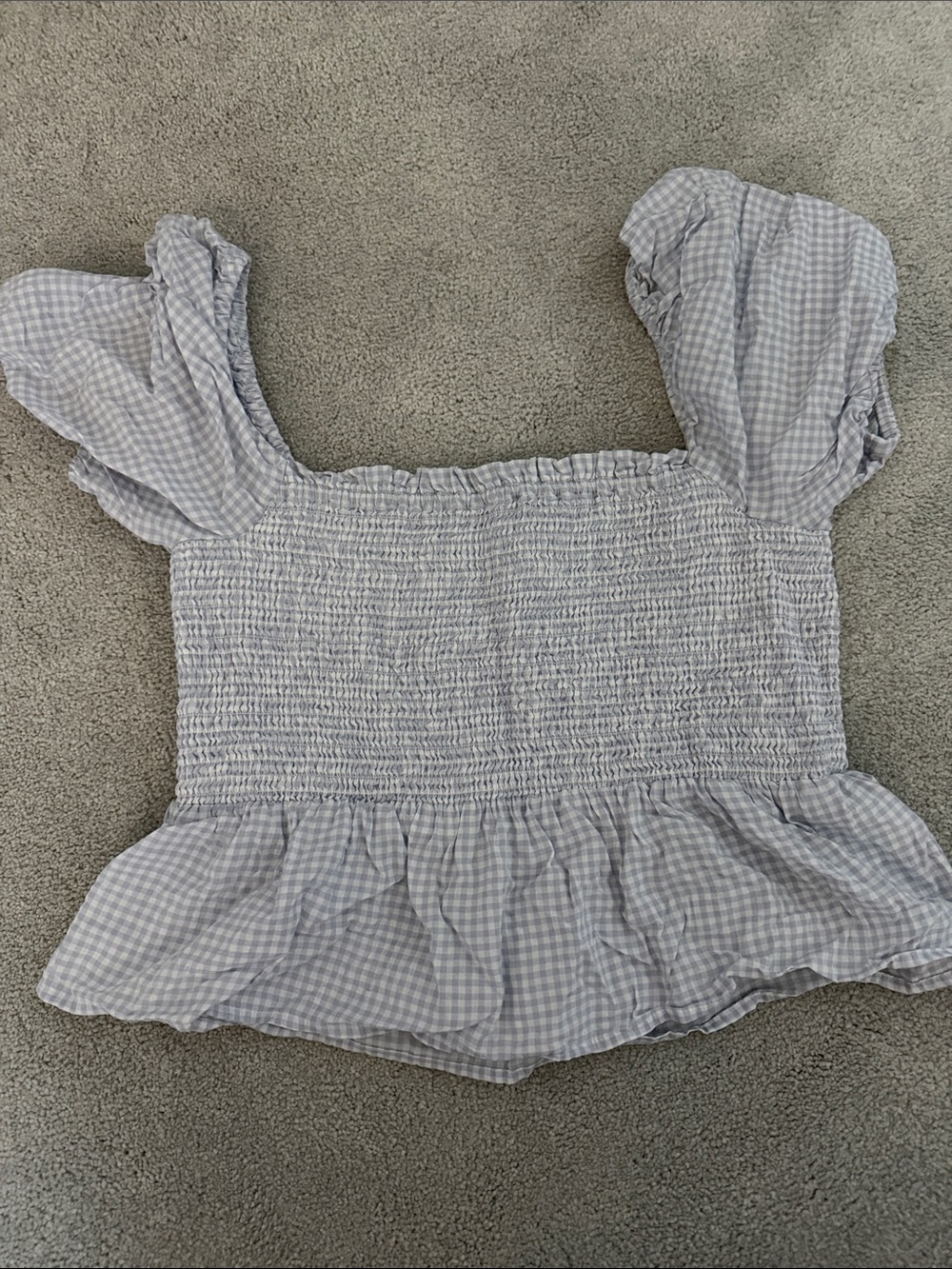 J. Crew Light Gray Gingham Smocked Puff Sleeve Crop Top